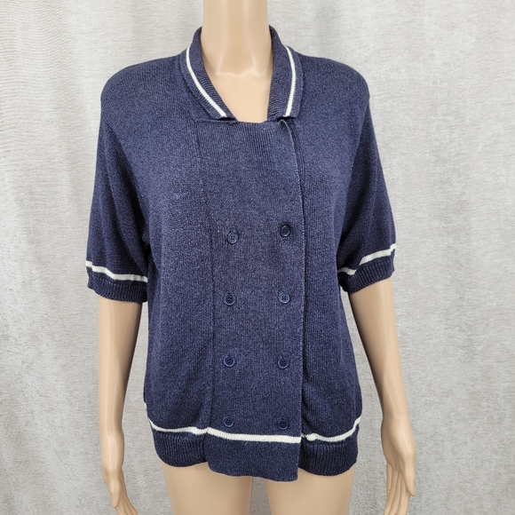 Lucia Navy Blue Double Breasted Short Sleeve Knit Cardigan Coastal Grandma - Picture 1 of 12